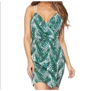 Banjul Dress Womens Small Green White Leaf Tropical Faux Wrap Cross Cross Back